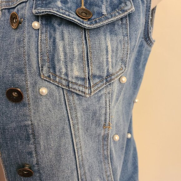 Live a Little Y2K Pearl and Lace Distressed Denim Vest - Picture 8 of 10